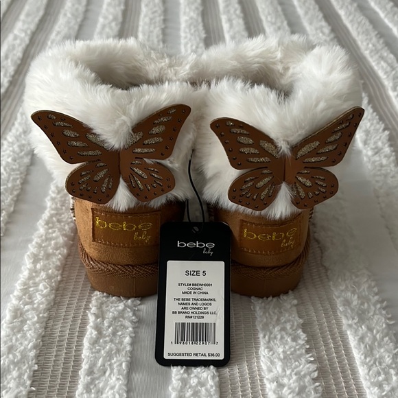 Bebe Kids Brown and White Fur Boots with Butterfly 🦋 Detail (Size 5) NWT - Picture 2 of 12